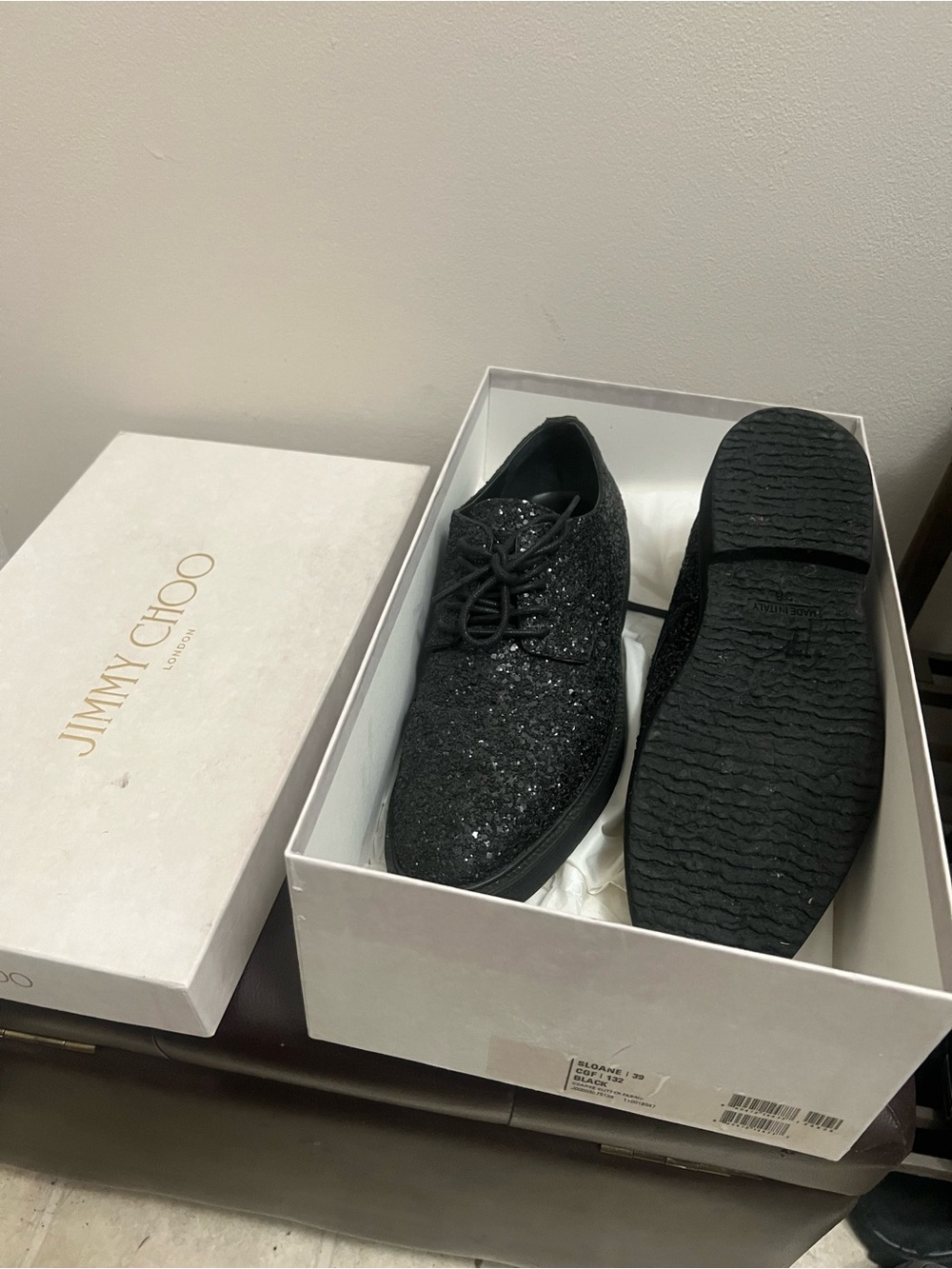 Jimmy Choo Black Glitter Lace-Up Derby Shoes